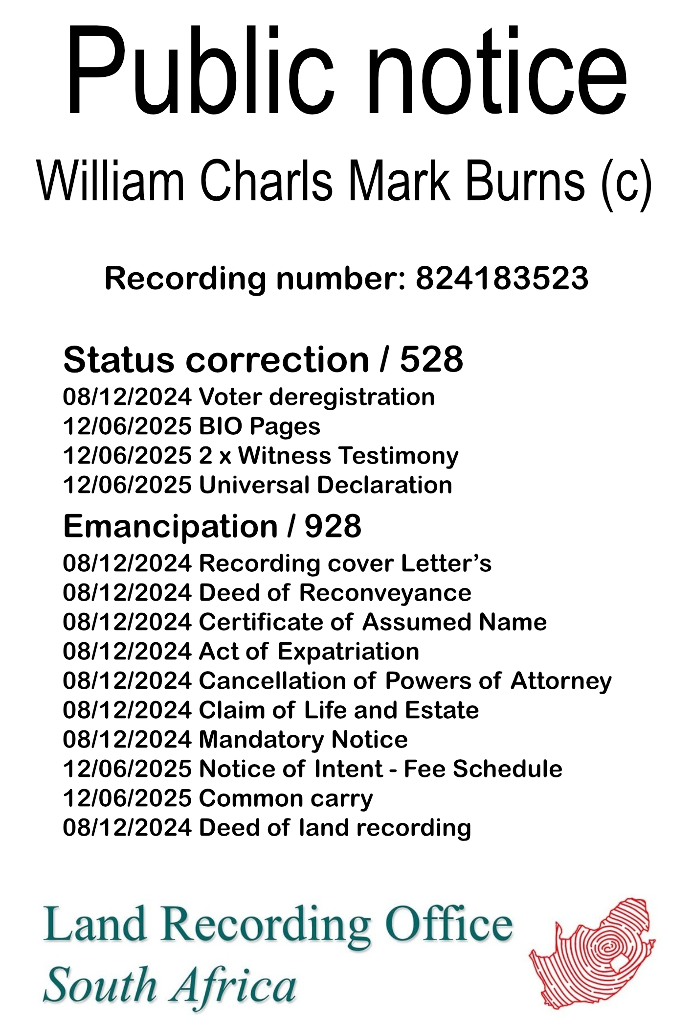 Public notice William Charls Mark Burns Recording number 824183523